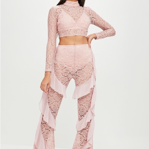 Missguided Other - Carli Bybel Misguided Pink Lace Ruffle top & pants